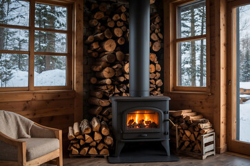 Glowing firewood burning in a rustic winter home interior