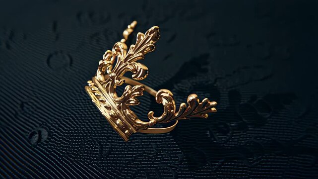Close-up shot of a gold-colored crown on a dark textured background with a luxurious and regal mood.