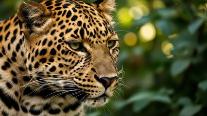 Obraz premium Close-up portrait of a majestic leopard with striking spotted fur and intense eyes, set against a blurred natural background of green foliage and bokeh lights, showcasing its wild beauty and powerful.