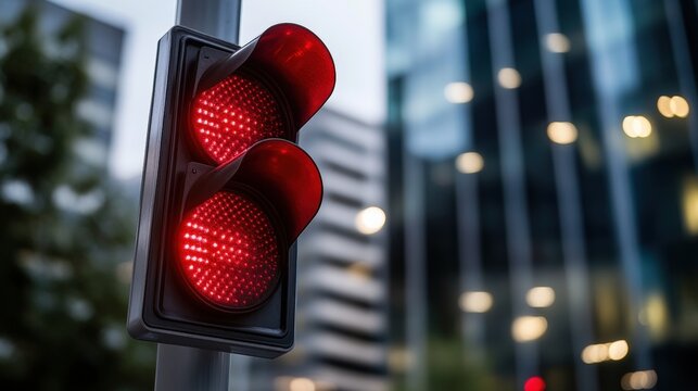 A close-up of a red traffic light against an urban background, indicating vehicles must stop.