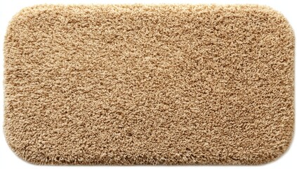 Plush, tan, rectangular, shag rug with rounded corners, casting shadow on a white surface