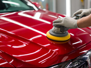 Hands wearing gloves polishing and buffing a shiny red car hood using an electric rotary polisher in a professional auto detailing workshop environment