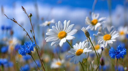 Vibrant white daisies with yellow centers blossoming alongside bright blue wildflowers in a sunny meadow under a clear blue sky on a warm spring day