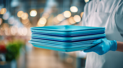 Person wearing blue gloves carrying a stack of clean blue plastic trays in a brightly lit commercial or institutional kitchen environment with blurred background lig