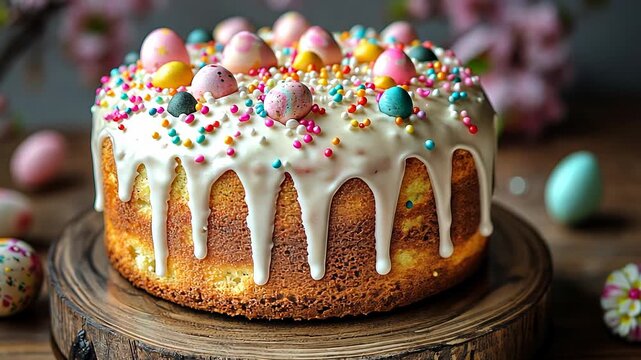 A close-up shot of a decorated Easter cake with icing, sprinkles, and candy eggs on a wooden stand.