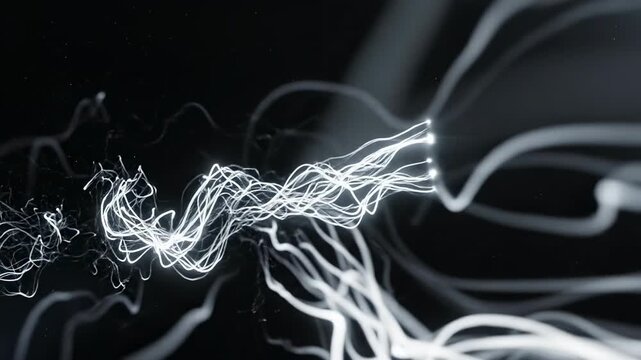 Cinematic abstract visualization of slow streaming white energy filaments moving across a deep empty black void background future, background, corporate