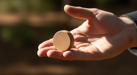 Wooden token held gently in a open hand outdoors in natural sunlight