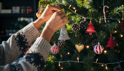 Person Hanging Ornament on Christmas Tree with Red Tree Shape, Candy Cane Stripes, Golden Hearts, Pinecones, and Warm White Lights – Cozy Holiday Decoration Scene Photo