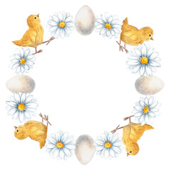 Watercolor Easter wreath with chicks, eggs and daisies, perfect for holiday cards, spring projects, children materials, packaging and decorative designs. Hand painted with soft natural textures