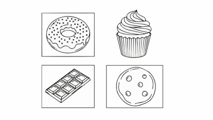 Hand drawn collection of sweet dessert food sketches.