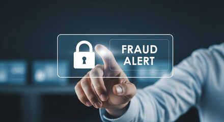 Person's finger pressing a digital screen displaying a padlock and 'FRAUD ALERT' for security awareness