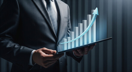 Businessman reviewing upward trending financial growth chart on tablet