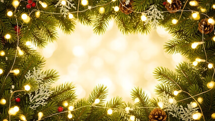 Beautiful festive spruce tree branches with glowing light bulbs and snowflakes border on a bright sparkling background creating a warm and inviting celebratory frame for seasonal greetings