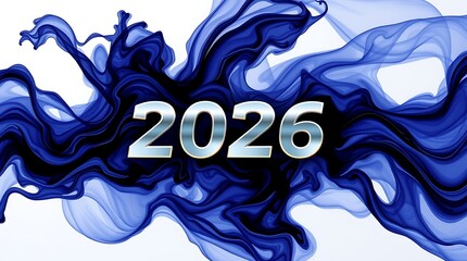 Dynamic silver 2026 typography bursts through vibrant deep blue abstract smoke energy background for New Year celebrations