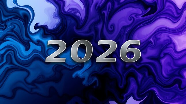 Stunning metallic 2026 numerals float above a vibrant, deep blue and purple abstract liquid art background - Powered by Adobe