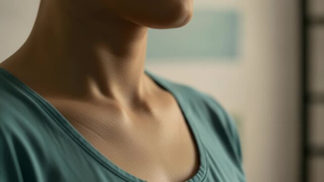 Closeup shot focusing on the delicate collarbone and neck area of a person wearing a teal top in soft lighting, 4k video