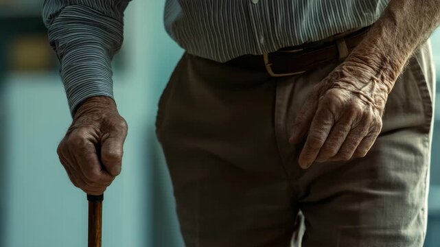 Elderly person with cane, walking stick or crutch. Concept of aging, healthcare, social care and services for the elderly.