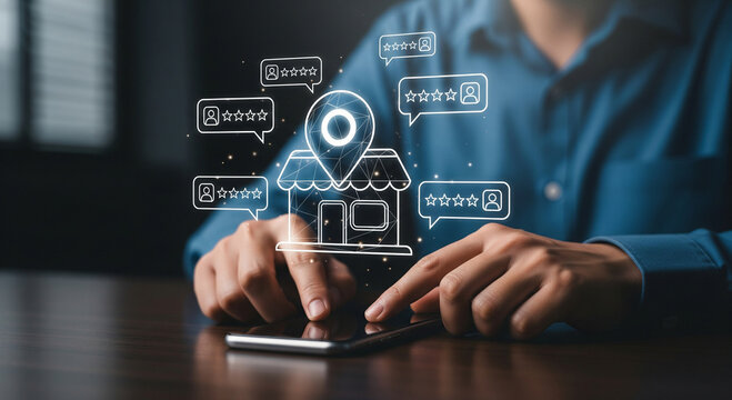Local business SEO and customer review concept, digital store location with rating icons, online reputation management
