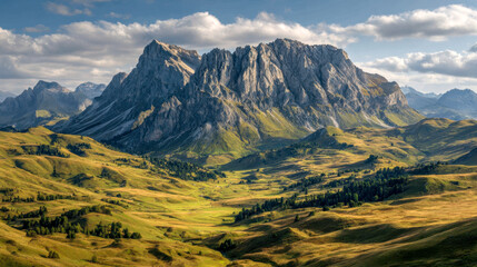 Stunning panoramic view of rugged mountain range overlooking vast rolling green and golden hills under a partly cloudy sky during golden hour light