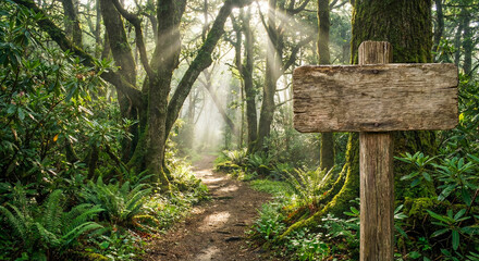 old wooden sign in the forest