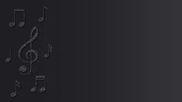 music notes with shiny glitter stars on black background animation, musical notes concert and song play social media motion background