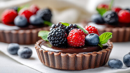 Decadent chocolate tart garnished with fresh blackberries, raspberries, blueberries, and green mint leaves on a light background showcasing rich dessert elegance