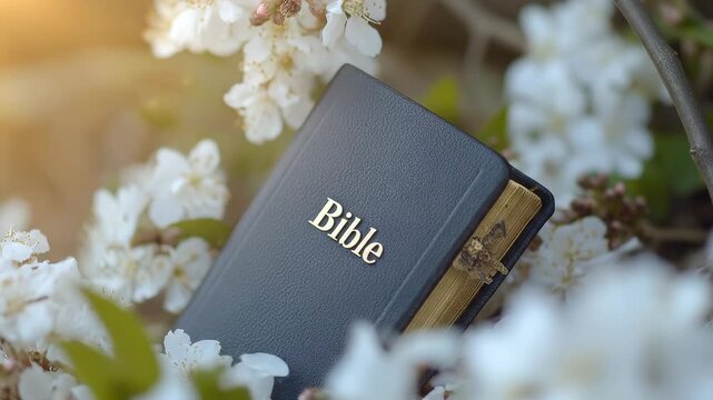 Holy Bible resting peacefully amidst delicate white blossoms, embodying faith, spiritual rebirth, and divine wisdom in a serene natural setting, offering profound guidance and hope.