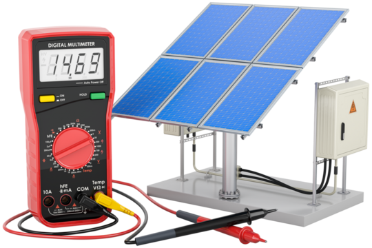 Solar panels with digital multimeter, transparent background - Powered by Adobe