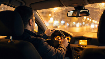 Night city driver in rain, driver focused on road while car moves through glowing street lights, driver grips wheel inside warm cabin, safe urban transport, cozy commute mood tonight