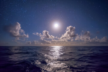 Tranquil night over calm ocean waters illuminated by a bright full moon and twinkling stars with soft clouds scattered across the serene sky horizon