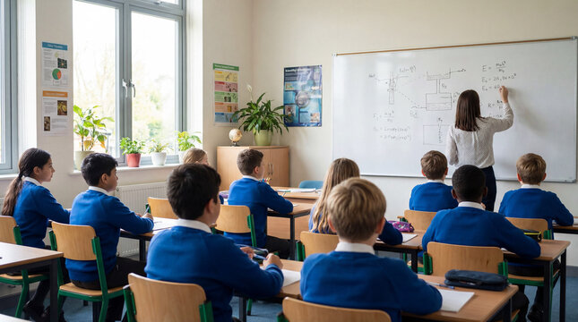 Classroom physics lesson scene classroom full of students in blue uniforms listen while teacher writes formulas on whiteboard, bright classroom interior with modern education concept
