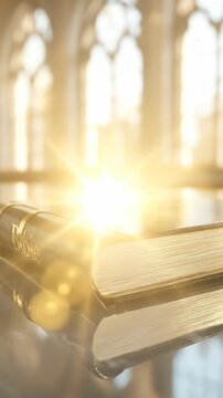 Holy testament illuminated by ethereal light, symbolizing profound faith and spiritual awakening, revealing divine truth and eternal wisdom for believers.