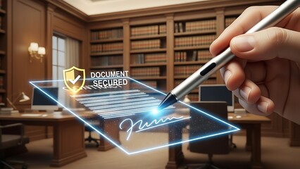 Hand signing digital document with secure signature and shield icon digital signature