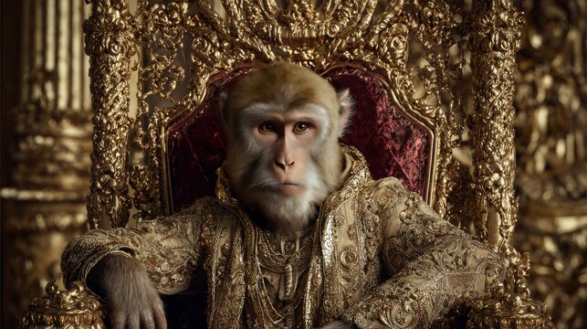 Regal monkey, seated in an ornate gold throne, draped in luxurious robes. Intense gaze, suggesting authority & regality