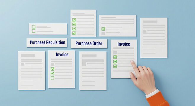 Purchase requisition and invoice documents, business order forms, financial paperwork