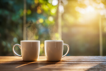 Obraz premium Two steaming white ceramic mugs on a wooden table bathed in warm morning sunlight with a blurred green garden background creating a peaceful atmosphere