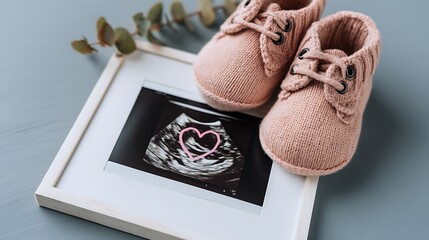 Pink Baby Shoes with Heart Ultrasound Image on White Frame in Soft Focus