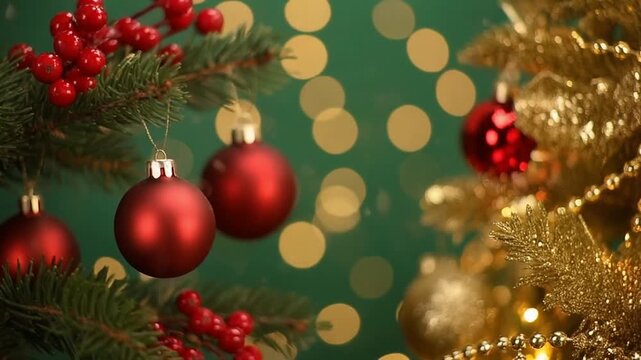 Decoraci&oacute;n navide&ntilde;a elegante con ramas de abeto, bolas rojas ornamentales y bayas, sobre un fondo verde con luces doradas desenfocadas. Composici&oacute;n festiva, c&aacute;lida y equilibrada, ideal para dise&ntilde;os de