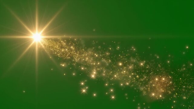 Estrella de Bel&eacute;n desplaz&aacute;ndose suavemente de izquierda a derecha sobre un fondo verde chroma key neutro. La estrella emite un brillo c&aacute;lido e intenso, dejando tras de s&iacute; una estela de polvo