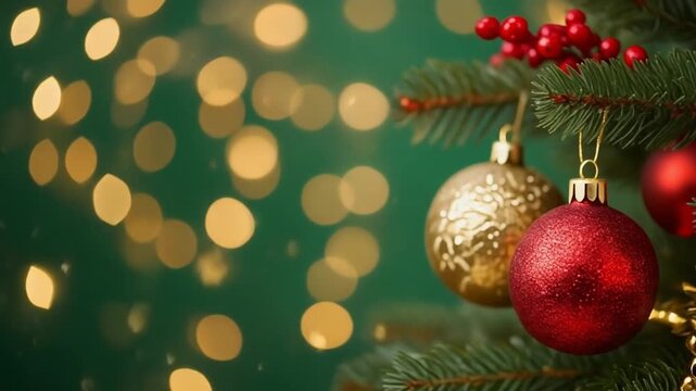 Decoraci&oacute;n navide&ntilde;a elegante con ramas de abeto, bolas rojas ornamentales y bayas, sobre un fondo verde con luces doradas desenfocadas. Composici&oacute;n festiva, c&aacute;lida y equilibrada, ideal para dise&ntilde;os de