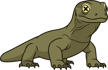 Cartoon Komodo dragon illustration standing and looking forward with focus.