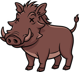 Cartoon Warthog with Crossed Eyes and Large Tusks Illustration.