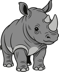 Cute Cartoon Baby Rhinoceros Standing Front View.