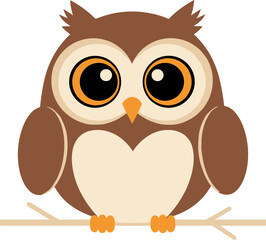Cute brown cartoon owl with big eyes sitting on a branch.