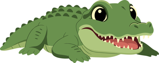 Cute cartoon alligator with big eyes and sharp teeth smiling.