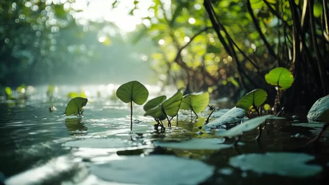 Vibrant green swamp forest under a sunlit canopy.