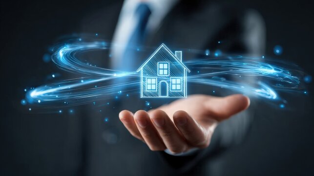 A hand holds a glowing digital house symbol, representing modern real estate technology and innovation in a professional context.