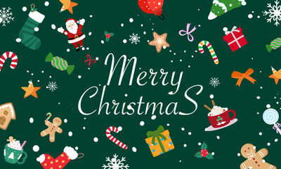 Festive Christmas background with Santa, gifts, candy canes, snowflakes, gingerbread, and holiday decorations on dark green. Perfect for cards, banners, seasonal designs, and festive projects.