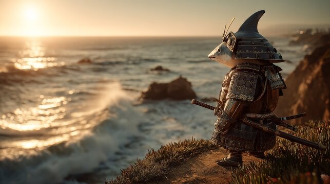 A shark-headed samurai in full armor contemplates the sunset over a rugged coastline with crashing waves