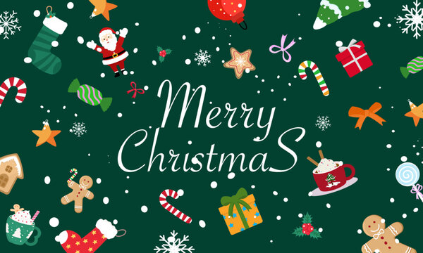 Festive Christmas background with Santa, gifts, candy canes, snowflakes, gingerbread, and holiday decorations on dark green. Perfect for cards, banners, seasonal designs, and festive projects.
